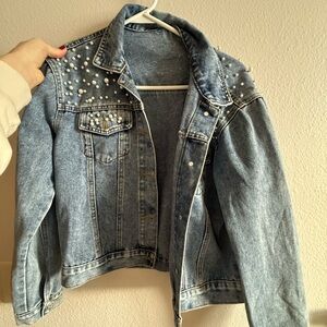 Women's Blue Denim Jacket with Pearl Accents